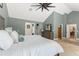 Stylish main bedroom boasts vaulted ceilings, neutral decor, and an ensuite bathroom at 111 Kentucky Blue Cir, Apopka, FL 32712