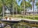 The backyard has a private dock with a boat moored, set against a serene waterfront backdrop at 11114 Lake Eustis Dr, Leesburg, FL 34788