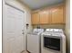 The laundry room has a door to the outside, washer and dryer, and cabinets above at 14624 Pine Lake St, Clermont, FL 34711