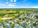 Real estate aerial shot of a neighborhood with homes, golf courses, lakes, and green spaces at 1723 Townsend Ter, The Villages, FL 32162