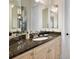 Bathroom vanity featuring granite countertop, neutral cabinets, large mirror, and fixtures at 32543 Hawks Lake Ln, Sorrento, FL 32776