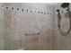 Close-up of a tiled shower with a handrail and a shower head at 3537 Cluster Ct, The Villages, FL 32163