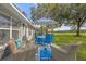 Charming back patio features a blue patio set, wicker furniture, and lots of room for outdoor entertaining at 36700 Oconee Ave, Eustis, FL 32736