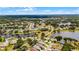 An aerial view showcasing a community with lake access, mature trees, and well-maintained lawns at 5500 Laver St, Leesburg, FL 34748