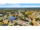 A landscape aerial of a suburban community featuring lush trees, a lake, and diverse home styles at 5500 Laver St, Leesburg, FL 34748