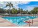 Outdoor pool with ladders and railing surrounded by palm trees and lounge chairs at 5500 Laver St, Leesburg, FL 34748