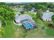 Overhead view of beautiful backyard with screened pool, lush lawn, and landscaping of this wonderful home at 8709 Augusta Ct, Clermont, FL 34711