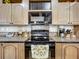 Close up of the kitchen appliances with wooden cabinets and tile backsplash at 1236 Elkhart Cir, Tavares, FL 32778