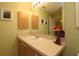 Well-lit bathroom featuring a vanity, modern fixtures, decorative wall hangings, and a whimsical parrot statue for added charm at 1482 Azteca Loop, The Villages, FL 32162