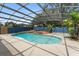 A stunning screened-in pool with waterfall feature and lush tropical landscaping at 19627 Spring Oak Dr, Eustis, FL 32736