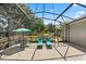 Screened patio area with a lounge chairs, dining set, lighting, and view of backyard at 28924 Discovery Rd, Tavares, FL 32778