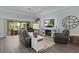 Open living room features hardwood floors, slider to patio, a fireplace and TV, a clock, and comfortable seating at 3433 Nestlebranch Ave, The Villages, FL 32163