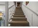 Carpeted staircase leading to upper level, featuring white railing and decorative wall art at 35350 County Road 439, Eustis, FL 32726