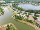 An aerial view shows waterfront homes surrounding a scenic lake in a desirable neighborhood at 8167 Bridgeport Bay Cir, Mount Dora, FL 32757