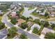 An aerial view shows homes lining a scenic lake with mature trees in a desirable community at 8167 Bridgeport Bay Cir, Mount Dora, FL 32757