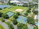 Bird's eye view of community park with tennis courts, baseball field, pool, and green spaces at 11277 Se 170Th Ln, Summerfield, FL 34491