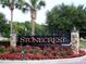 Stonecrest community entrance with lush landscaping, manicured flower beds and mature palm trees at 11277 Se 170Th Ln, Summerfield, FL 34491