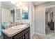 Well-lit bathroom features a vanity with neutral countertop, a decorative pitcher, and a framed mirror at 1309 Piney Woods Path, The Villages, FL 32163