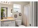 Bright bathroom with a toilet, shower curtain, vanity and framed palm tree artwork at 14350 Se 36Th Ave, Summerfield, FL 34491