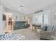 Bright living room with a comfortable sofa, stylish furnishings, and plantation shutters at 17819 Se 105Th Ct, Summerfield, FL 34491