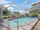 A sparkling pool with a fun pink flamingo float and a covered enclosure at 17819 Se 105Th Ct, Summerfield, FL 34491