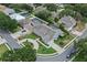 Aerial view of home featuring a circular driveway, manicured lawn, mature trees, and a well-maintained neighborhood at 19624 Spring Oak Dr, Eustis, FL 32736