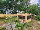 A backyard featuring a screened room, yellow stucco walls, and lush landscaping at 308 Sunnyside Dr, Leesburg, FL 34748