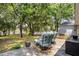 Picturesque backyard featuring mature trees and comfortable seating with a tranquil water view at 11126 Oakshore Ln, Clermont, FL 34711