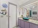 A bathroom with a vibrant blue vessel sink, granite countertop, and purple trim at 1202 Del Toro Dr, Lady Lake, FL 32159