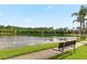 Scenic pond view with a peaceful bench along a walkway and tall palm trees in the distance at 14430 Desert Haven St # 4302, Windermere, FL 34786