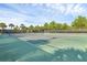 Well-maintained tennis court with net, surrounded by lush greenery and fencing for privacy at 14513 Winter Stay Dr, Winter Garden, FL 34787