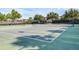 Well-maintained tennis court with net, surrounded by lush greenery and fencing for privacy at 14513 Winter Stay Dr, Winter Garden, FL 34787