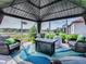 Stylish covered patio features comfortable seating, fire table, and scenic backyard view at 17563 Se 122Nd Ter, Summerfield, FL 34491