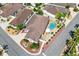Aerial view of a home showcasing its backyard pool, patio, landscaping, and surrounding neighborhood at 2325 Kenya St, The Villages, FL 32162