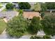 Aerial view of the home with a screened-in pool, mature trees, and lush landscaping in a residential neighborhood at 3141 Brighton Rd, Eustis, FL 32726