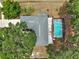 Aerial view of a home featuring a screened pool and landscaped yard surrounded by lush, mature trees at 36482 Doral Dr, Grand Island, FL 32735