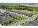 An aerial view showcases homes in a well-planned community surrounded by lush greenery and a pond at 503 Vigo St, Davenport, FL 33837