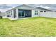 Lush backyard with covered patio and modern fencing for privacy at 7394 Lussier Ct, The Villages, FL 34762