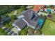 Aerial view of a well-maintained home showcasing a screened-in pool, manicured landscaping, and private driveway at 9648 Weatherstone, Windermere, FL 34786
