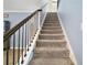 Carpeted staircase with dark metal railing and light blue walls leads to the upper level of the home at 1155 Dora Parc Ln, Mount Dora, FL 32757