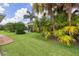 Lush green backyard featuring tropical landscaping, including palm trees and manicured shrubbery at 1813 Caryle Ln, The Villages, FL 32162