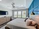 This is a spacious main bedroom with tray ceiling, ample natural light, and modern decor accents at 224 Silver Maple Rd, Groveland, FL 34736
