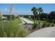 Scenic street view showcasing lush landscaping, palm trees, and well-maintained sidewalks under a bright blue sky at 3001 Lake Huron Ln, Tavares, FL 32778