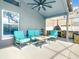 Comfortable outdoor seating area under a covered patio, showcasing a pizza oven and kitchen at 310 Ballyshannon Dr, Davenport, FL 33897