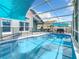 Enclosed pool area with blue sunshades and ample space for entertaining and outdoor dining at 310 Ballyshannon Dr, Davenport, FL 33897