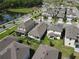 New construction homes sit on manicured lawns with mature landscaping in a planned community with a pond at 7955 Delwin Ln, Reunion, FL 34747
