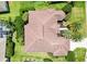 An aerial view exhibits a neatly maintained house with lush greenery and meticulous landscaping all around at 1123 Barnacle Ter, The Villages, FL 32162