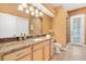 Bathroom featuring a granite countertop vanity with a sink and a walk-in shower with glass doors at 1123 Barnacle Ter, The Villages, FL 32162
