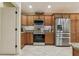 Modern kitchen features stainless steel appliances, granite countertops, and stylish wooden cabinets at 1304 Zombar Pl, The Villages, FL 32163