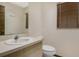 Neutral powder room featuring a white vanity, mirror and window with privacy blinds at 15935 J And J Dr, Tavares, FL 32778